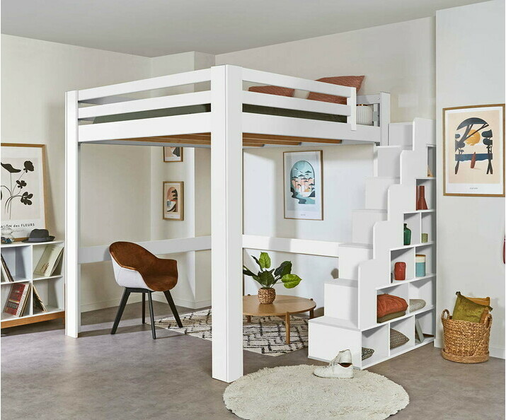 Cama alta con escalera de almacenaje y colchn - Maverick, espacio bajo el somier personalizable