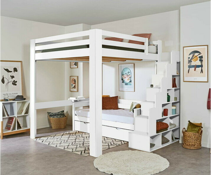 Cama alta con escalera de almacenaje y colchn - Maverick, acabado blanco