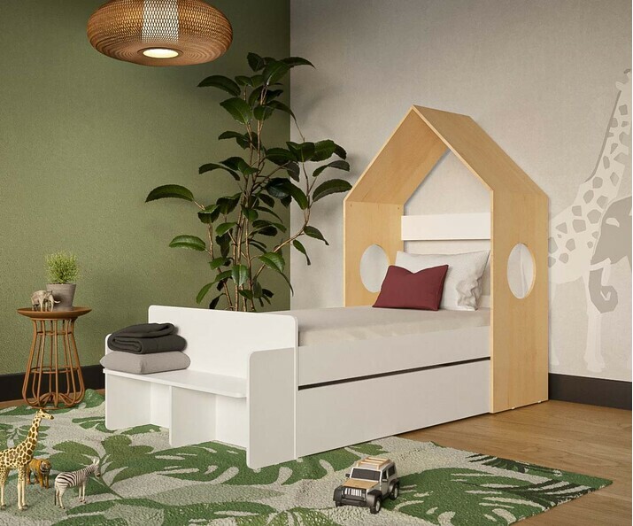 Cama infantil con cajn y colchn - Nyeri, acabado blanco y madera