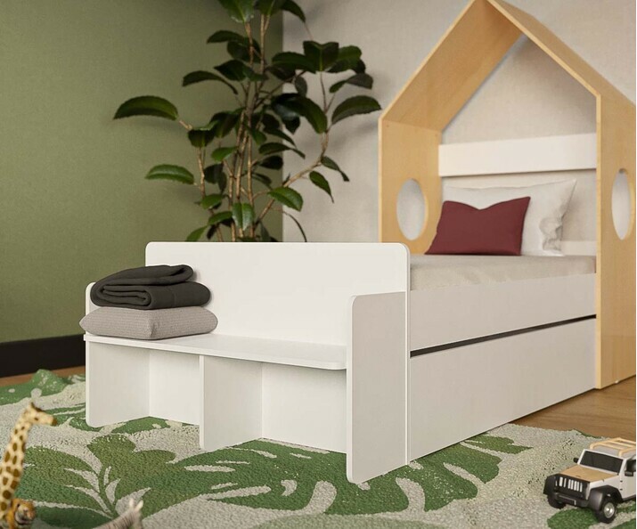 Cama infantil con cajn y colchn - Nyeri, pie de cama con estante incluido