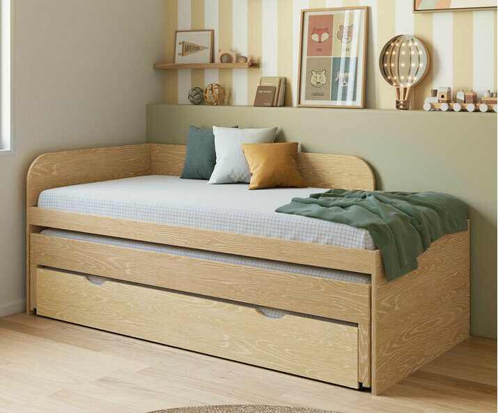 Cama nido con colchones - Riza, acabado madera natural