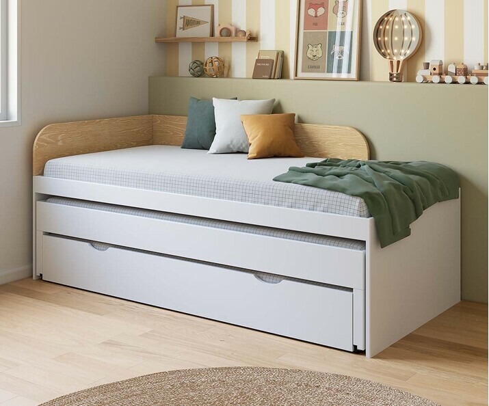 Cama nido con colchones - Riza, acabado blanco y madera