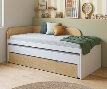 Cama nido 3 plazas - Riza, acabado madera natural y blanco