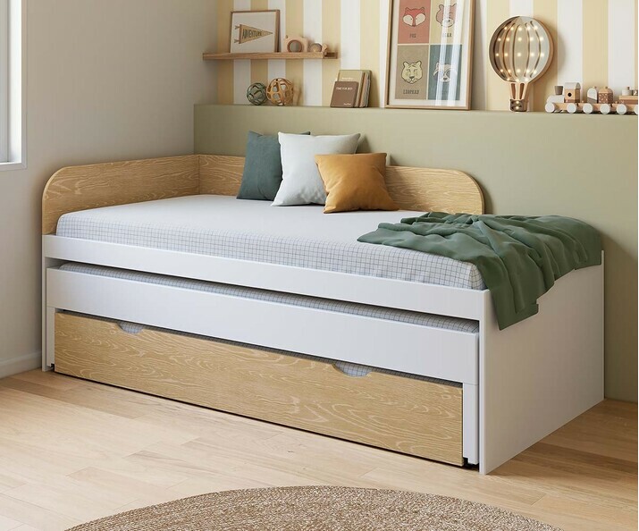 Cama nido 3 plazas - Riza, acabado madera natural y blanco
