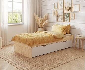 Cama nido robusta con colchones - Tigar, acabado madera natural y blanco Cama nido robusta con colchones - Tigar, acabado madera natural y blanco