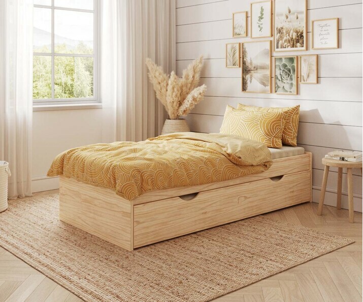 Cama nido robusta con colchones - Tigar, acabado madera natural